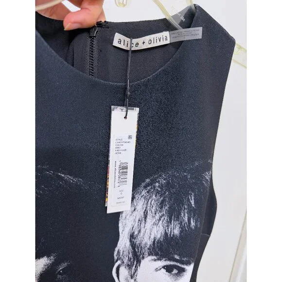 NWT Alice + Olivia The Beatles Clyde Shift Mini Dress Fab Four Portrait Black 0 - Picture 3 of 13